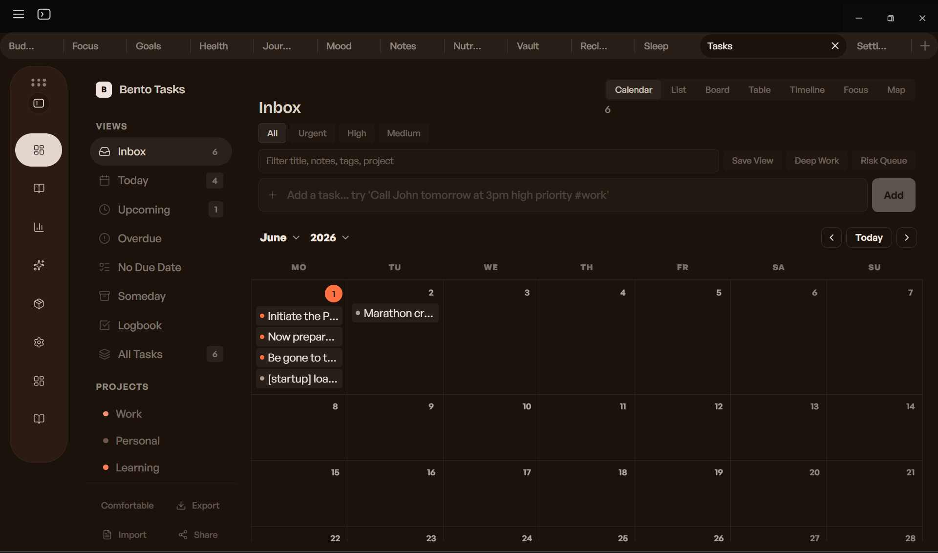 Bento tasks view, showing a calendar with scheduled tasks for the month